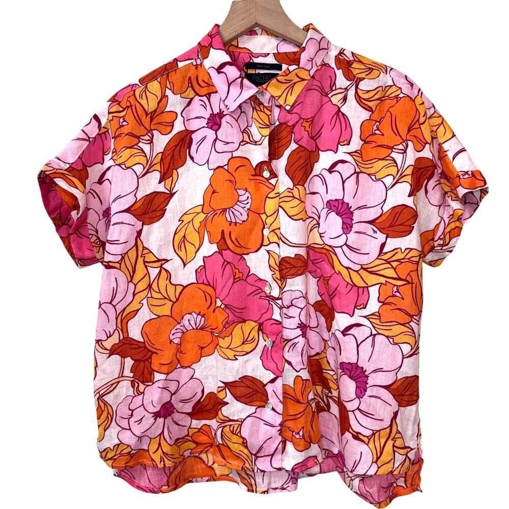 Rachel Roy Linen Button Down Size M Pink Orange Floral Short Sleeve Bright Retro